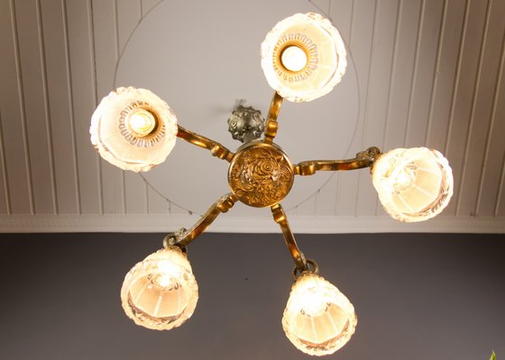 Art Deco Style Bronze and Frosted Glass Floral Chandelier, 1930s-KEG-706461