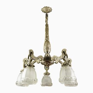 Art Deco Style Bronze and Frosted Glass Floral Chandelier, 1930s-KEG-706461