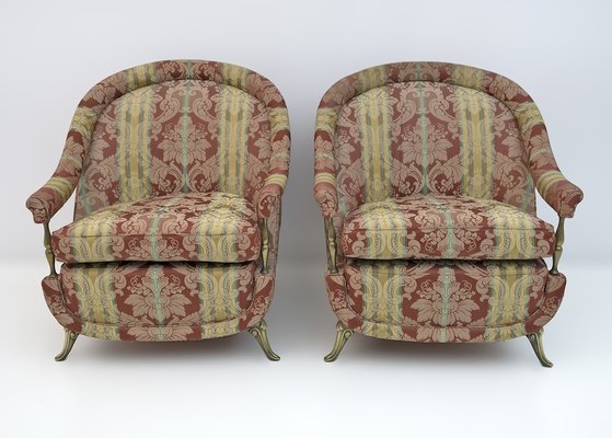 Art Deco Style French Brass and Fabric Armchairs, 1950s, Set of 2-FER-1749943