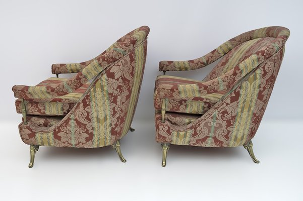 Art Deco Style French Brass and Fabric Armchairs, 1950s, Set of 2-FER-1749943