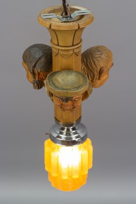 Art Deco Style Hand-Carved Wooden and Glass Pendant Light-KEG-1050431