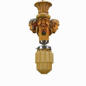 Art Deco Style Hand-Carved Wooden and Glass Pendant Light-KEG-1050431