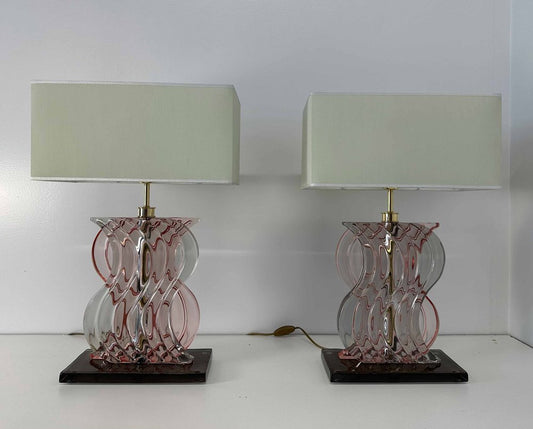 Art Deco Style Pink Murano Glass Table Lamps, 2000s, Set of 2