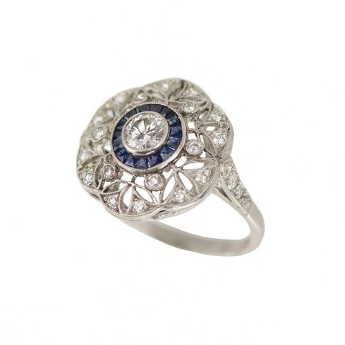 Art Deco Style Ring in 900 Platinum with Diamonds and Sapphires