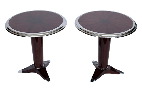 Art Deco Style Round Side Table in Lacquered Mahogany and Chrome, 1990s-CXC-1755063