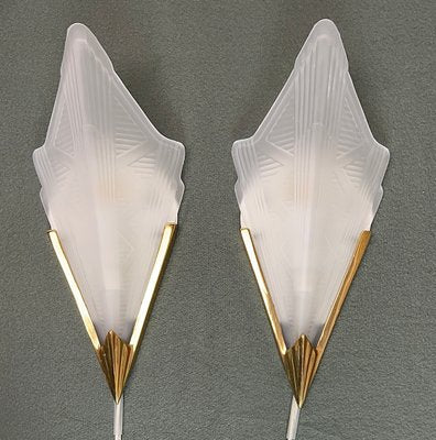 Art Deco Style Triangle Glass Brass Wall Lights Sconces, Sweden, 1980s, Set of 2-WZZ-1440853