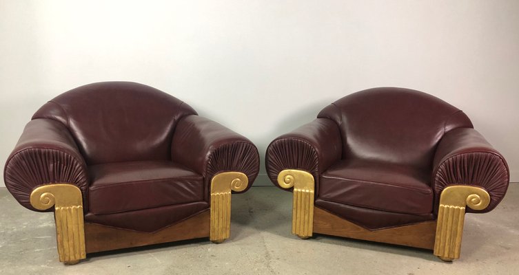 Art Deco Style Wooden and Leather Chairs, 1940s, Set of 2-RWZ-981730