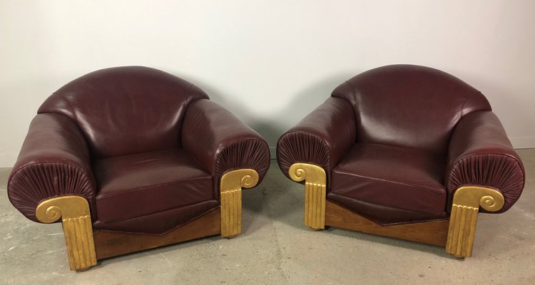 Art Deco Style Wooden and Leather Chairs, 1940s, Set of 2-RWZ-981730