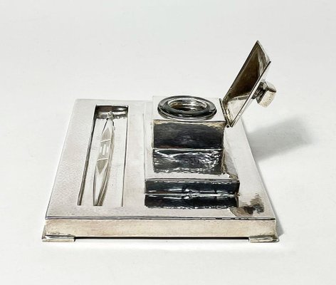 Art-Deco Swedish Hammered Silver Inkwell with Silver Pen, Set of 2-UCH-1224401