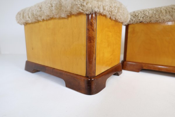 Art Deco Swedish Stools in Lacquered Birch and Mahogany and Sheepskin Seat, 1940s, Set of 2-UYK-1266794