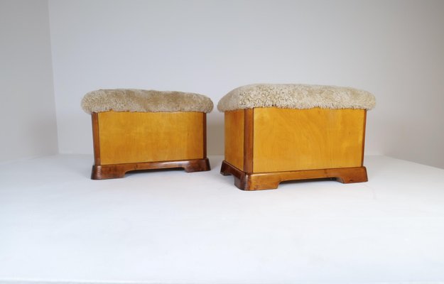 Art Deco Swedish Stools in Lacquered Birch and Mahogany and Sheepskin Seat, 1940s, Set of 2-UYK-1266794