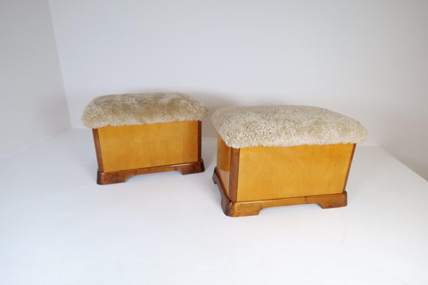 Art Deco Swedish Stools in Lacquered Birch and Mahogany and Sheepskin Seat, 1940s, Set of 2-UYK-1266794