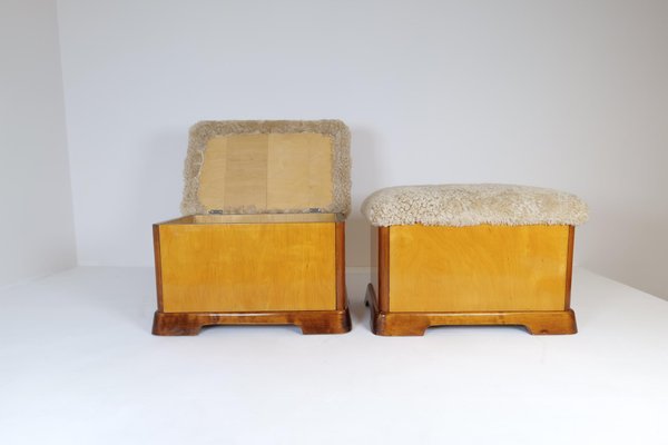 Art Deco Swedish Stools in Lacquered Birch and Mahogany and Sheepskin Seat, 1940s, Set of 2-UYK-1266794