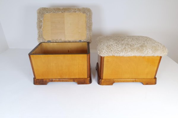 Art Deco Swedish Stools in Lacquered Birch and Mahogany and Sheepskin Seat, 1940s, Set of 2-UYK-1266794