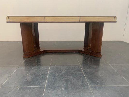 Art Deco Table in Rosewood and Parchment with Top in Black Glass