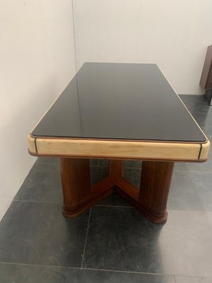 Art Deco Table in Rosewood and Parchment with Top in Black Glass-IJR-997860