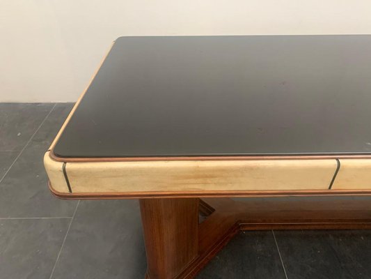 Art Deco Table in Rosewood and Parchment with Top in Black Glass-IJR-997860