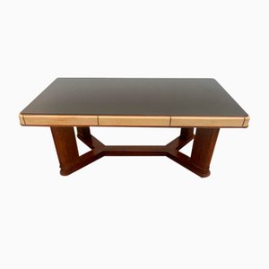 Art Deco Table in Rosewood and Parchment with Top in Black Glass-IJR-997860