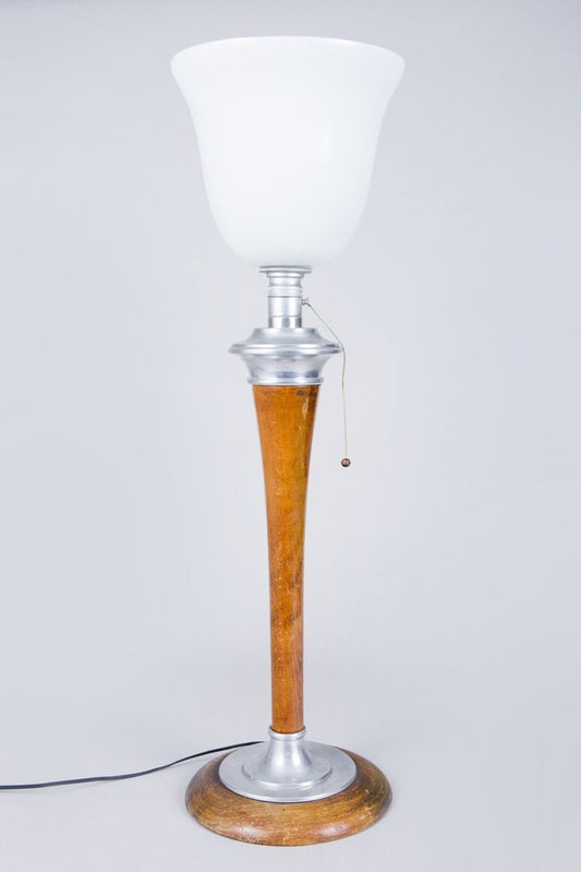 Art Deco Table Lamp in Beech, Aluminium & Milk Glass by Mazda, France, 1920s