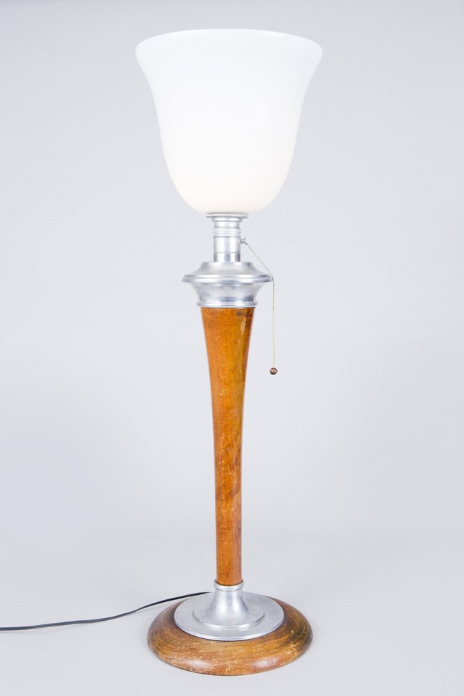 Art Deco Table Lamp in Beech, Aluminium & Milk Glass by Mazda, France, 1920s