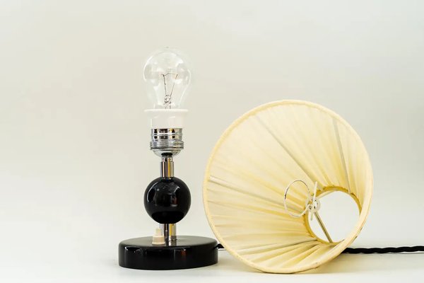 Art Deco Table Lamp with Fabric Shade and Wood Base, 1920s-SPD-1229085