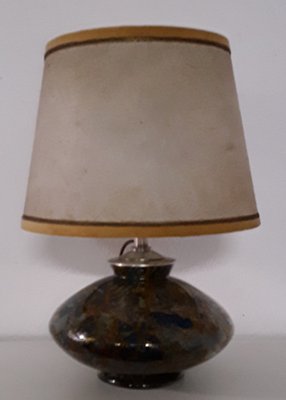 Art Deco Table Lamp with Internally Illuminated Colored Glass Base, Silver Plated Brass Mount & Beige Parchment Shade, 1930s-HOI-1138822