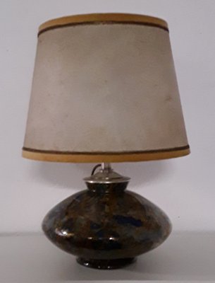 Art Deco Table Lamp with Internally Illuminated Colored Glass Base, Silver Plated Brass Mount & Beige Parchment Shade, 1930s-HOI-1138822