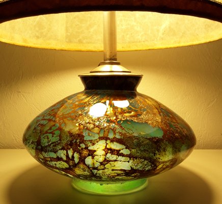 Art Deco Table Lamp with Internally Illuminated Colored Glass Base, Silver Plated Brass Mount & Beige Parchment Shade, 1930s-HOI-1138822