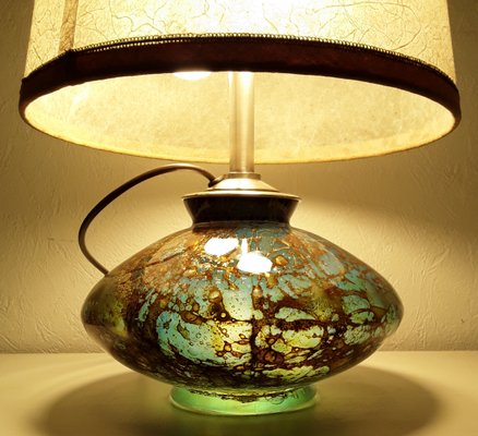 Art Deco Table Lamp with Internally Illuminated Colored Glass Base, Silver Plated Brass Mount & Beige Parchment Shade, 1930s-HOI-1138822