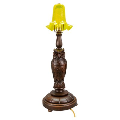 Art Deco Table Lamp with Owl Sculpture and Yellow Glass Lampshade, 1920s-KEG-1767262