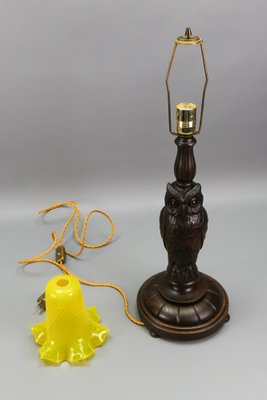 Art Deco Table Lamp with Owl Sculpture and Yellow Glass Lampshade, 1920s-KEG-1767262