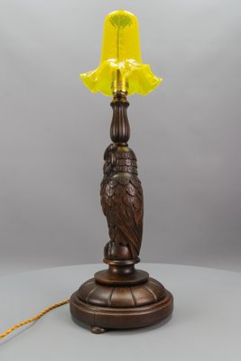 Art Deco Table Lamp with Owl Sculpture and Yellow Glass Lampshade, 1920s-KEG-1767262