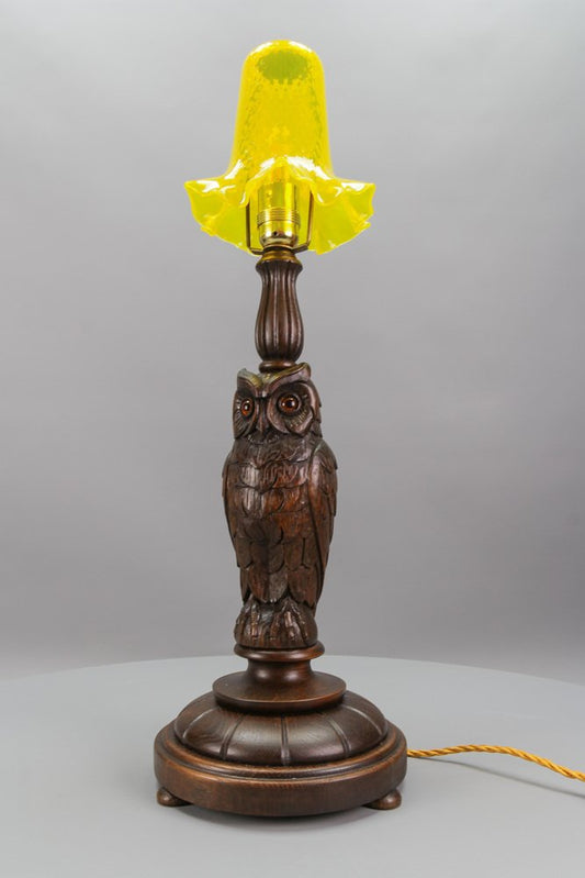 Art Deco Table Lamp with Owl Sculpture and Yellow Glass Lampshade, 1920s