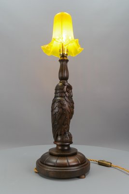 Art Deco Table Lamp with Owl Sculpture and Yellow Glass Lampshade, 1920s-KEG-1767262