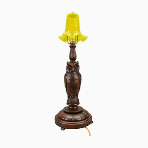 Art Deco Table Lamp with Owl Sculpture and Yellow Glass Lampshade, 1920s-KEG-1767262