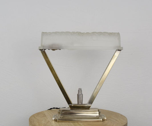 Art Deco Table Lamp with Silvered Bronze Foot by Charles Schneider for Schneider France