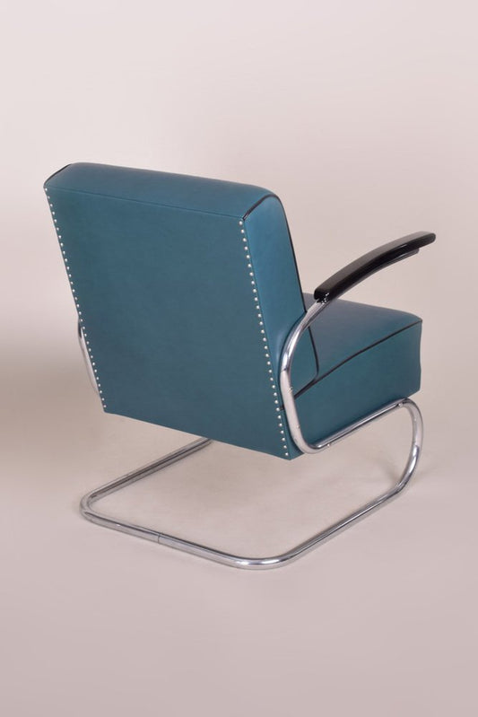 Art Deco Tubular Armchair in Chrome-Plated Steel & Blue Leather attributed to Mücke-Melder, 1930s