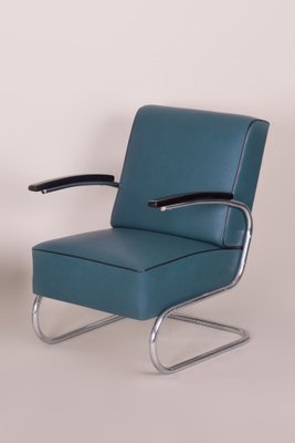 Art Deco Tubular Armchair in Chrome-Plated Steel & Blue Leather attributed to Mücke-Melder, 1930s-WHY-1768398