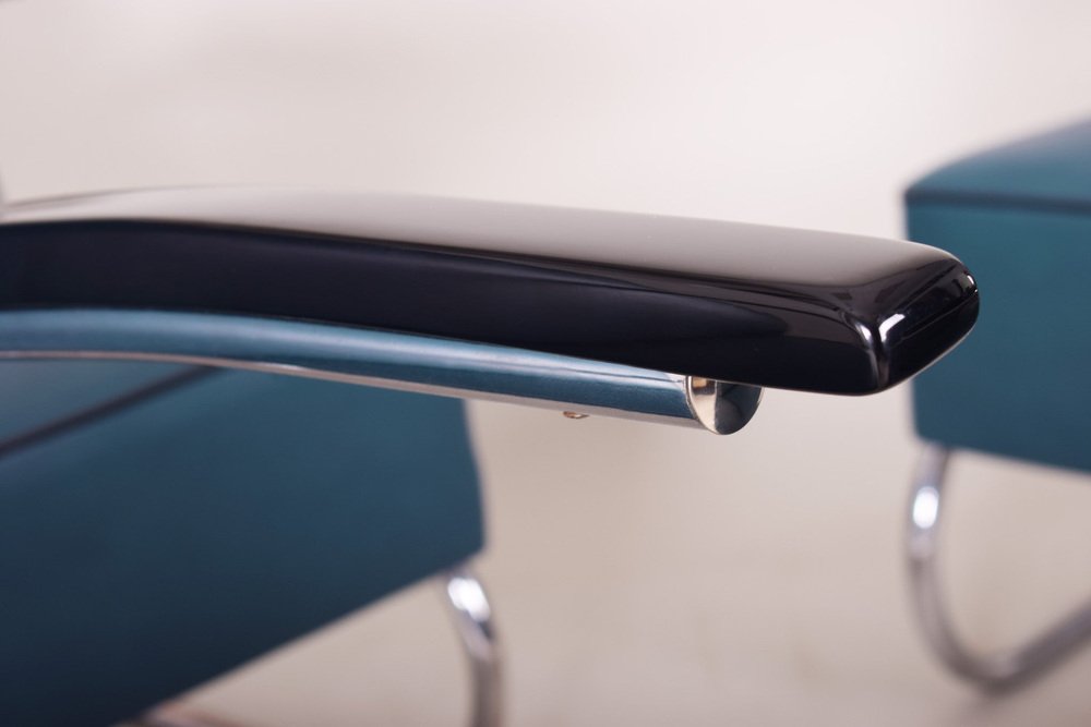 Art Deco Tubular Armchair in Chrome-Plated Steel & Blue Leather attributed to Mücke-Melder, 1930s