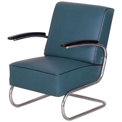 Art Deco Tubular Steel Cantilever Armchair in Chrome and Blue Leather, 1930s-WHY-1231873