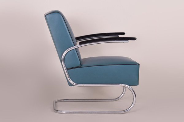 Art Deco Tubular Steel Cantilever Armchair in Chrome and Blue Leather, 1930s-WHY-1231873