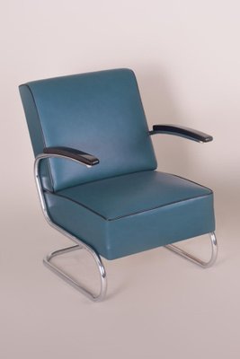 Art Deco Tubular Steel Cantilever Armchair in Chrome and Blue Leather, 1930s-WHY-1231873