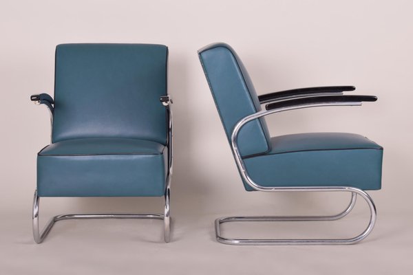 Art Deco Tubular Steel Cantilever Armchairs in Chrome and Blue Leather, Set of 4-WHY-1231838