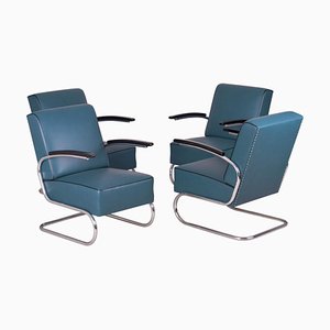 Art Deco Tubular Steel Cantilever Armchairs in Chrome and Blue Leather, Set of 4-WHY-1231838