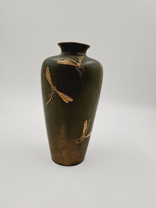 Art Deco Vase in a Pale Gold-Green Lustreglaze with Raised Golden Dragonfly Design attributed to Clement Massier, 1920s