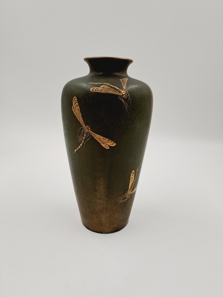 Art Deco Vase in a Pale Gold-Green Lustreglaze with Raised Golden Dragonfly Design attributed to Clement Massier, 1920s