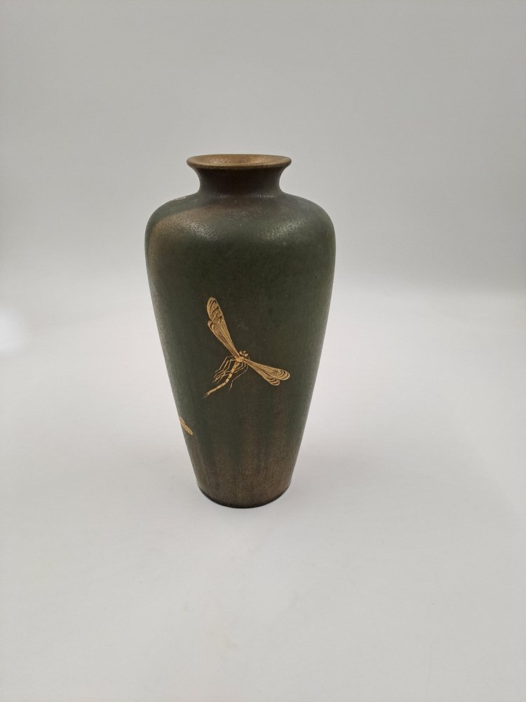 Art Deco Vase in a Pale Gold-Green Lustreglaze with Raised Golden Dragonfly Design attributed to Clement Massier, 1920s