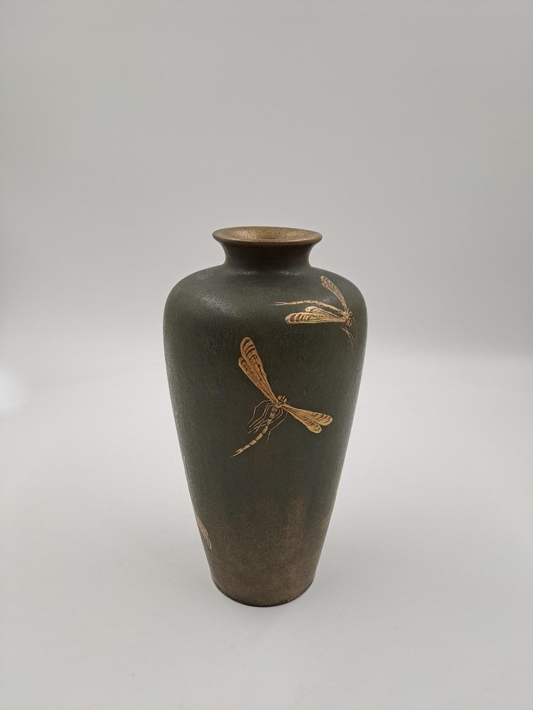 Art Deco Vase in a Pale Gold-Green Lustreglaze with Raised Golden Dragonfly Design attributed to Clement Massier, 1920s