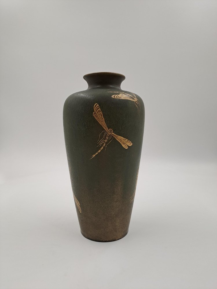 Art Deco Vase in a Pale Gold-Green Lustreglaze with Raised Golden Dragonfly Design attributed to Clement Massier, 1920s