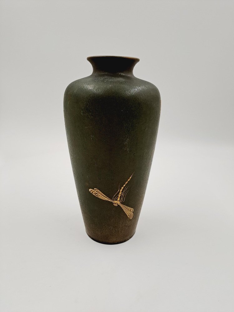 Art Deco Vase in a Pale Gold-Green Lustreglaze with Raised Golden Dragonfly Design attributed to Clement Massier, 1920s